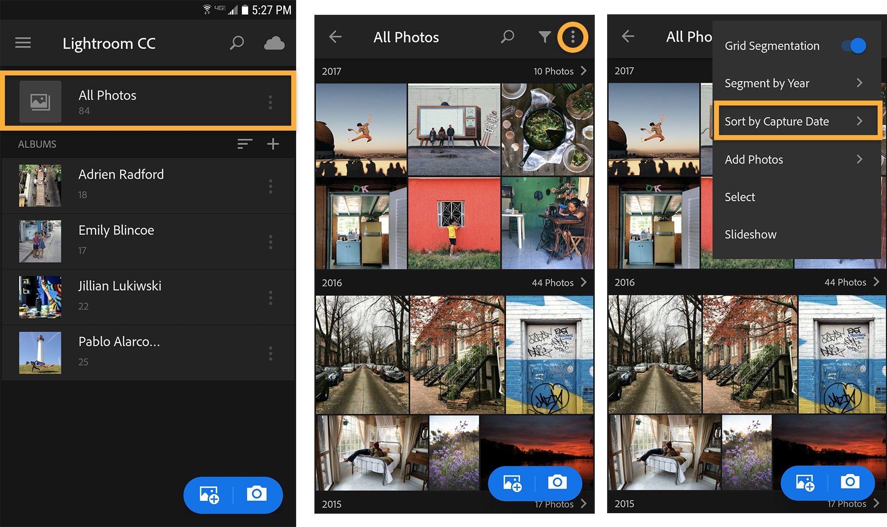 Tap All Photos to see photos sorted by capture date. Sort order is changed under Sort by Capture Date menu item. Tap All Photos to see photos sorted by capture date. Sort order is changed under Sort by Capture Date menu item.