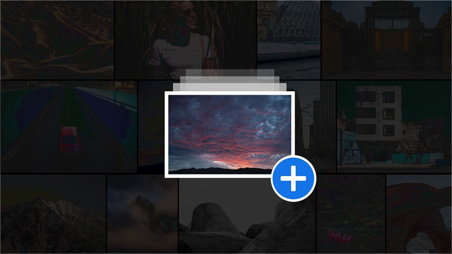 A grid of darkened photos, one is highlighted at the center with a plus icon A grid of darkened photos, one is highlighted at the center with a plus icon
