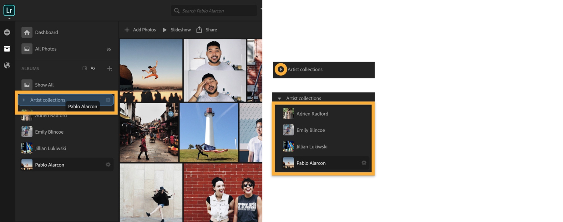 Folders added to albums organize photos further. Click + icon, Create Folder, name folder, click Create. Drag and drop photos Folders added to albums organize photos further. Click + icon, Create Folder, name folder, click Create. Drag and drop photos