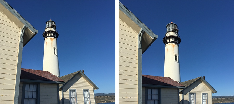Side by side images of a lighthouse and buildings with one side cropped and straightened Side by side images of a lighthouse and buildings with one side cropped and straightened