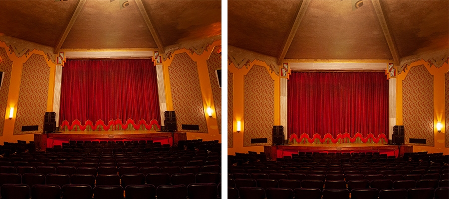 Side by side images of a theater interior with one side cropped and straightened Side by side images of a theater interior with one side cropped and straightened