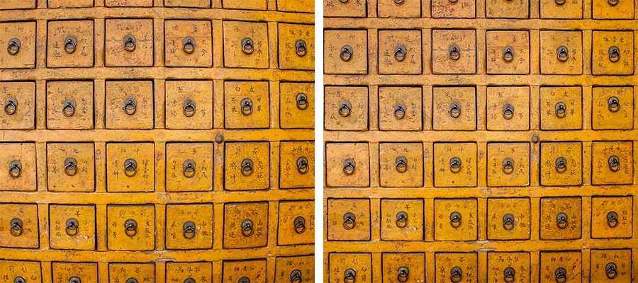 Side by side images of a yellow wall of small drawers, one side is warped and the other has been straightened