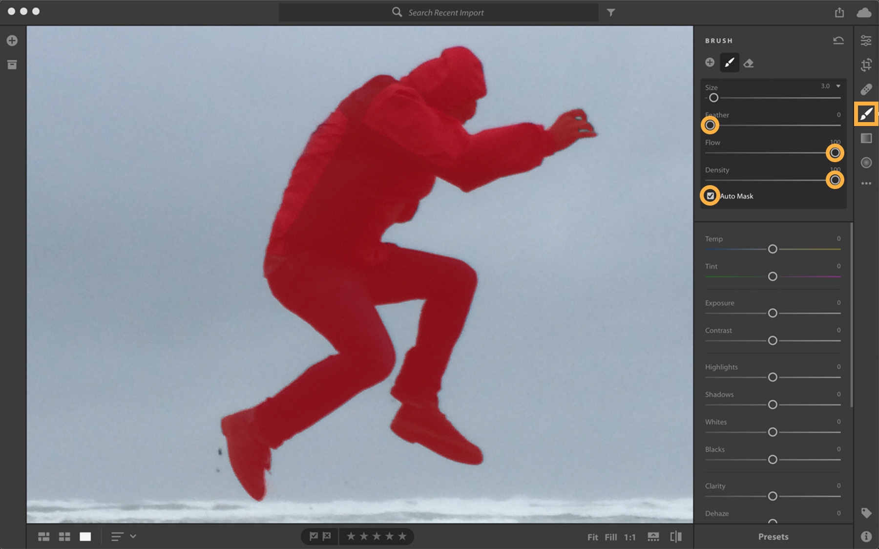 Man jumping is highlighted using the Brush tool with Auto Mask. Brush slider options are open to the right. Man jumping is highlighted using the Brush tool with Auto Mask. Brush slider options are open to the right.