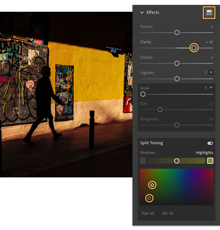 Effects panel sliders adjusted to enhance photo clarity and Split Toning panel adds yellows to shadows and highlights. Effects panel sliders adjusted to enhance photo clarity and Split Toning panel adds yellows to shadows and highlights.