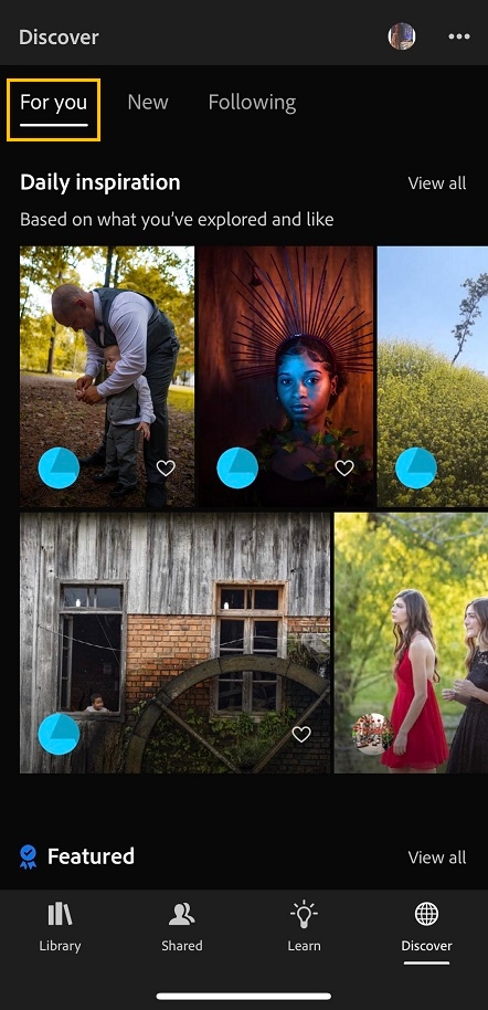 The new For you tab in Learn and Discover sections on Lightroom for mobile