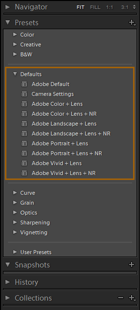 Defaults presets Defaults presets in Lightroom Classic