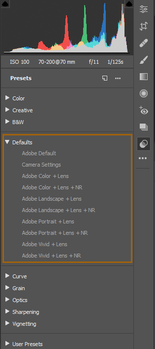Defaults presets Defaults presets in Adobe Camera Raw