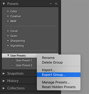 Export preset group