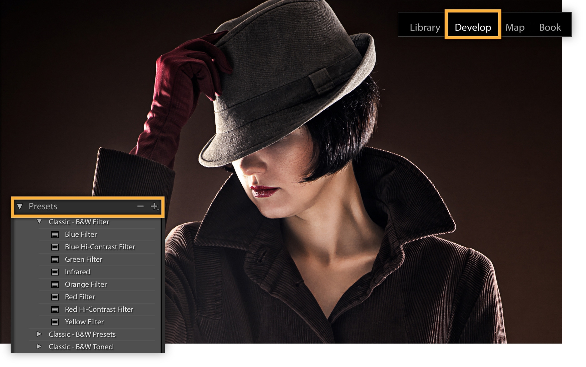 Original poster image featuring woman is in color. Develop module, Presets panel in Lightroom Classic is highlighted. Original poster image featuring woman is in color. Develop module, Presets panel in Lightroom Classic is highlighted.