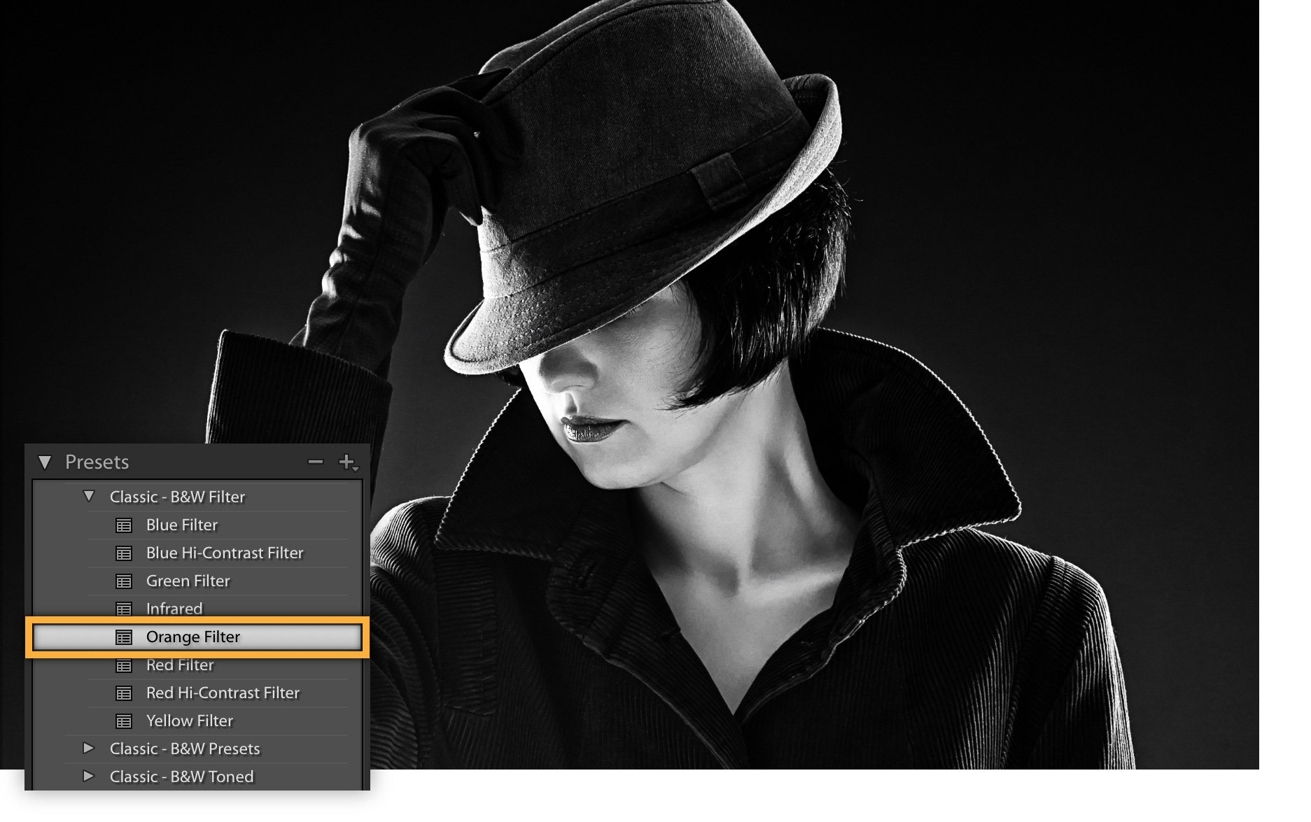The black and white preset Orange Filter is selected for more dramatic shadows and highlights. The black and white preset Orange Filter is selected for more dramatic shadows and highlights.