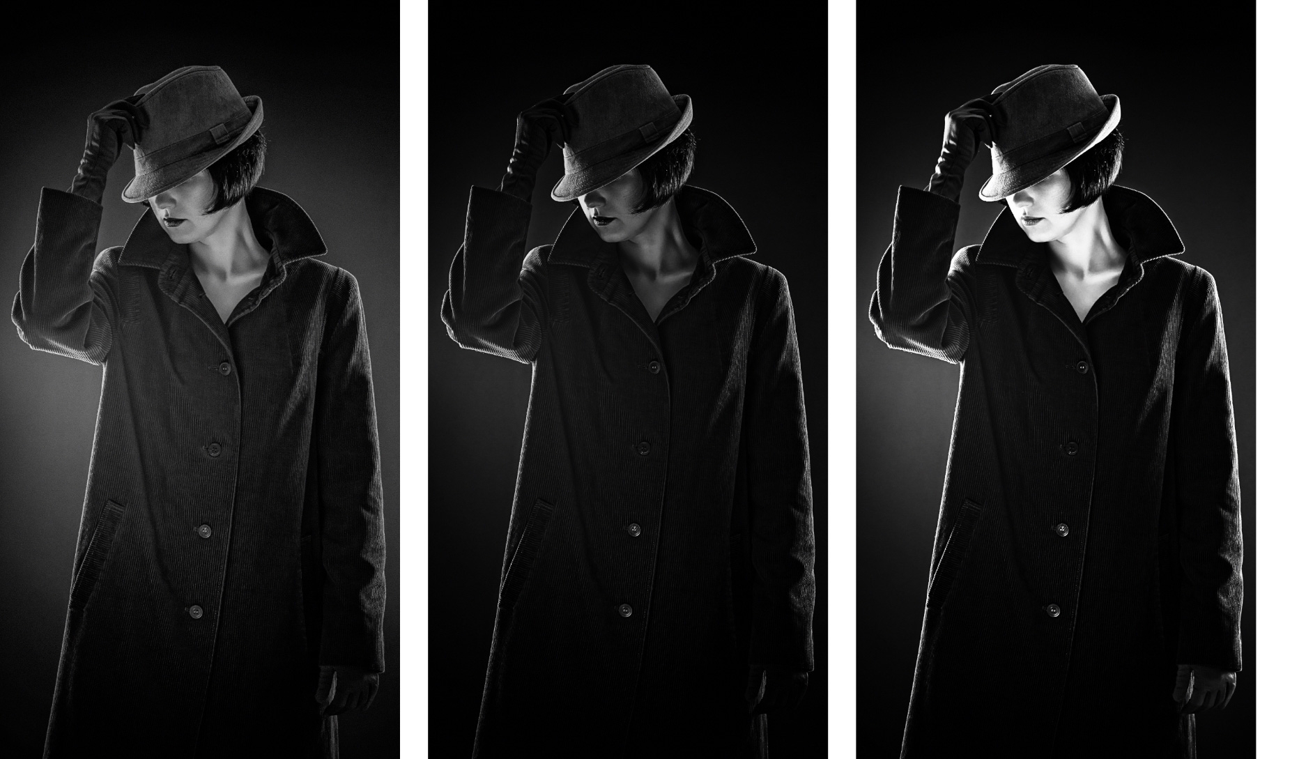 Three black and white preset options show drastically different versions of the woman. Three black and white preset options show drastically different versions of the woman.