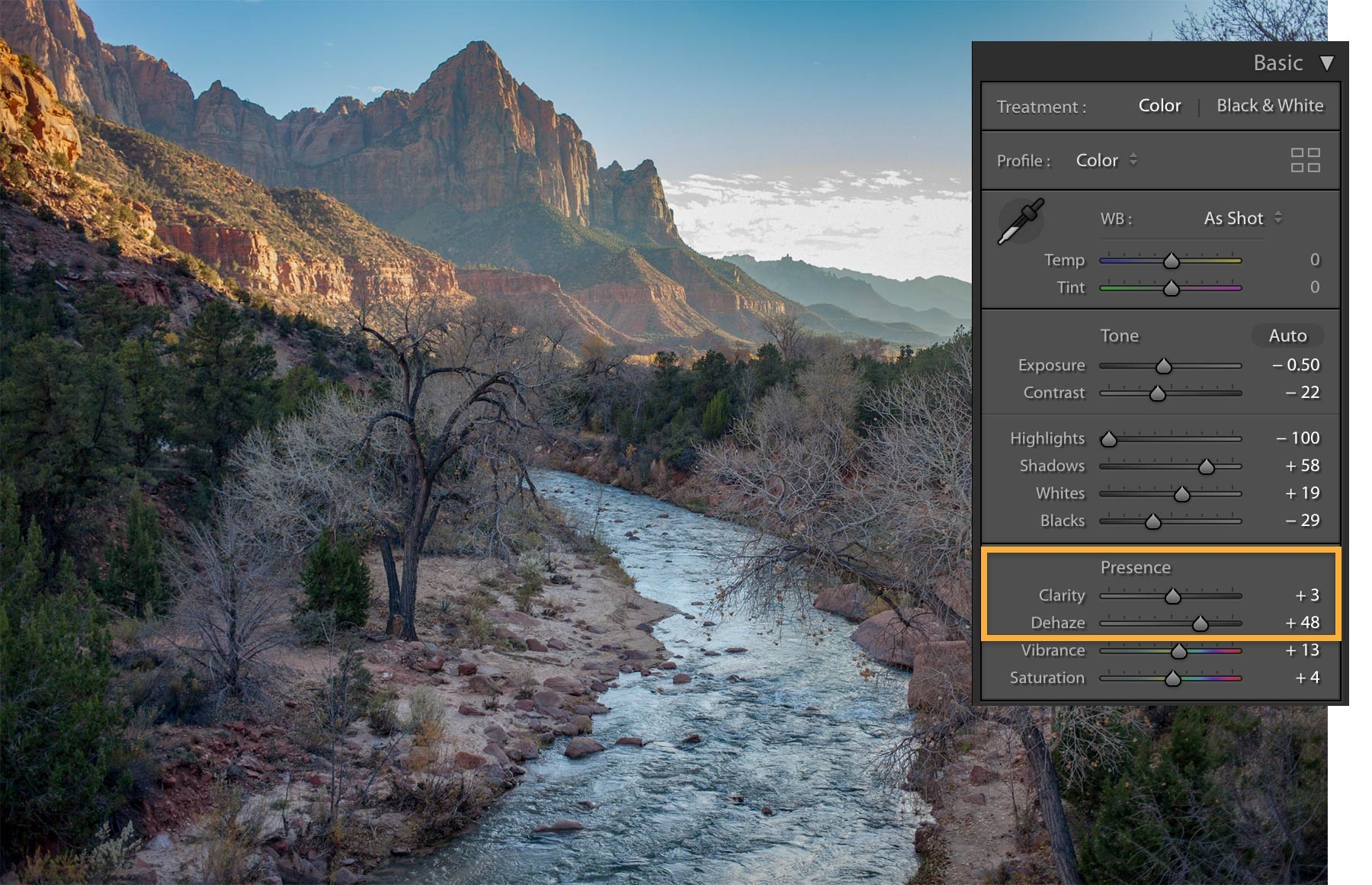 Clarity, Dehaze, Vibrance, and Saturation sliders in the Presence section help recover details in photos. Clarity, Dehaze, Vibrance, and Saturation sliders in the Presence section help recover details in photos.