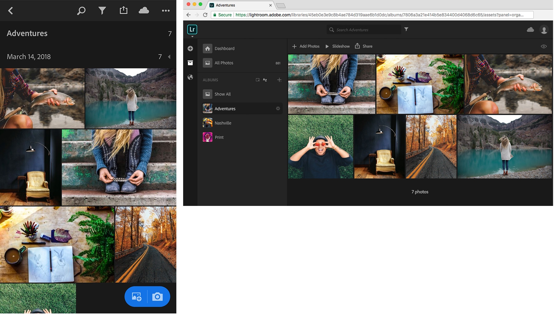 Albums and photos edited on Lightroom for mobile are synced to Lightroom on the web and desktop. Albums and photos edited on Lightroom for mobile are synced to Lightroom on the web and desktop.