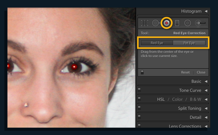 Zoomed-in woman’s face shows red eyes. Red Eye Correction tool, Red Eye option is selected.