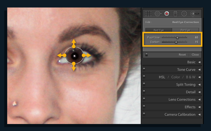 Correction area over the eye may be moved. Pupil size and darkness may be adjusted in the Red Eye Correction panel.