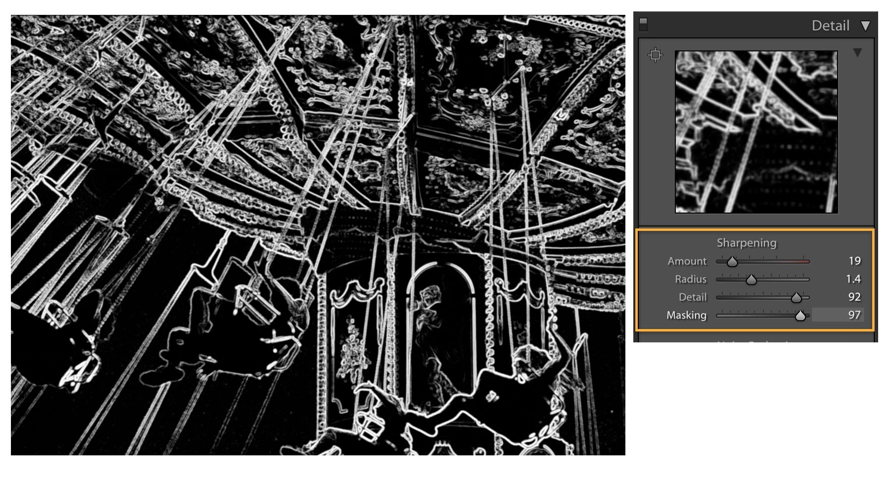 The image is switched to black and white to clearly see details refined by Sharpening. The image is switched to black and white to clearly see details refined by Sharpening.