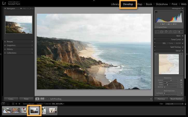 Shoreline with grassy cliffs against a pale, cloudy sky is selected in Lightroom Classic’s Filmstrip.