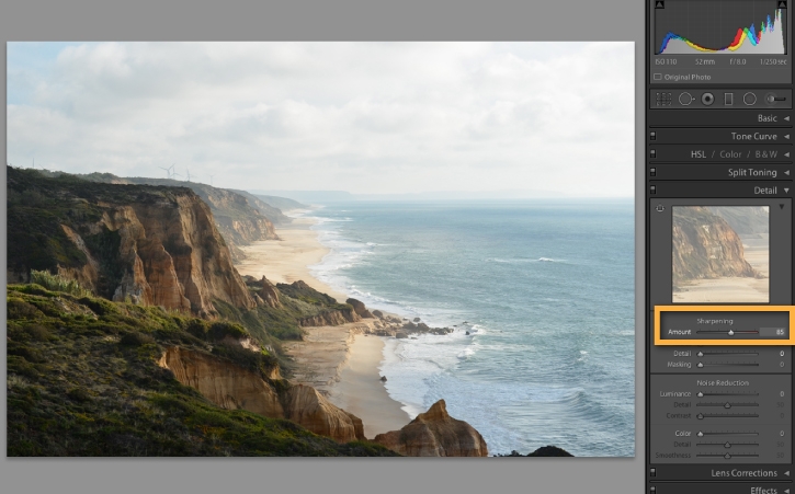 The Sharpening slider is adjusted to give a crisp, sharp appearance to the shoreline. 