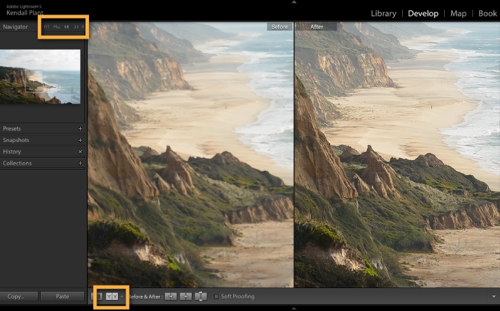 Before: Close-up of grassy areas on cliffs appears blurry. After: Grassy areas are sharper with more definition. 