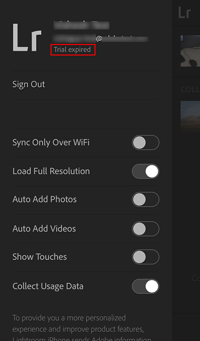 Still importing Lightroom Camera photos message when signing out