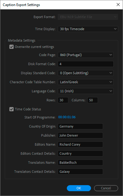 Caption Export Settings