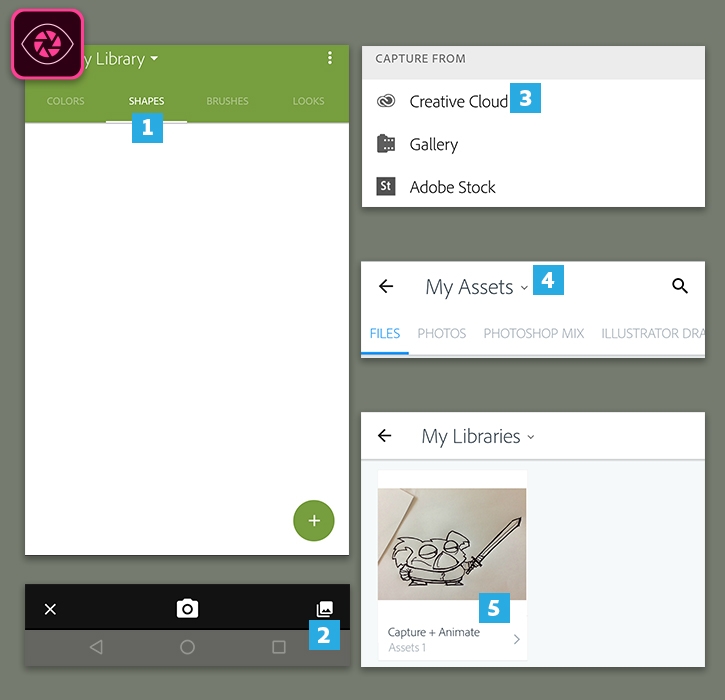 Capture icon, 1. Shapes module, 2. Capture menu, 3. Creative Cloud, 4. My Assets library, 5. Hand-drawn koala sketch Capture icon, 1. Shapes module, 2. Capture menu, 3. Creative Cloud, 4. My Assets library, 5. Hand-drawn koala sketch