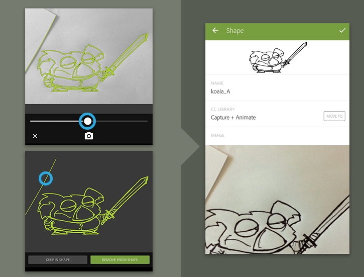 Capture Slider, koala has green outline, below extra line is marked for removal, vector preview on right and named koala_A Capture Slider, koala has green outline, below extra line is marked for removal, vector preview on right and named koala_A