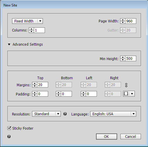 Advanced settings for new site