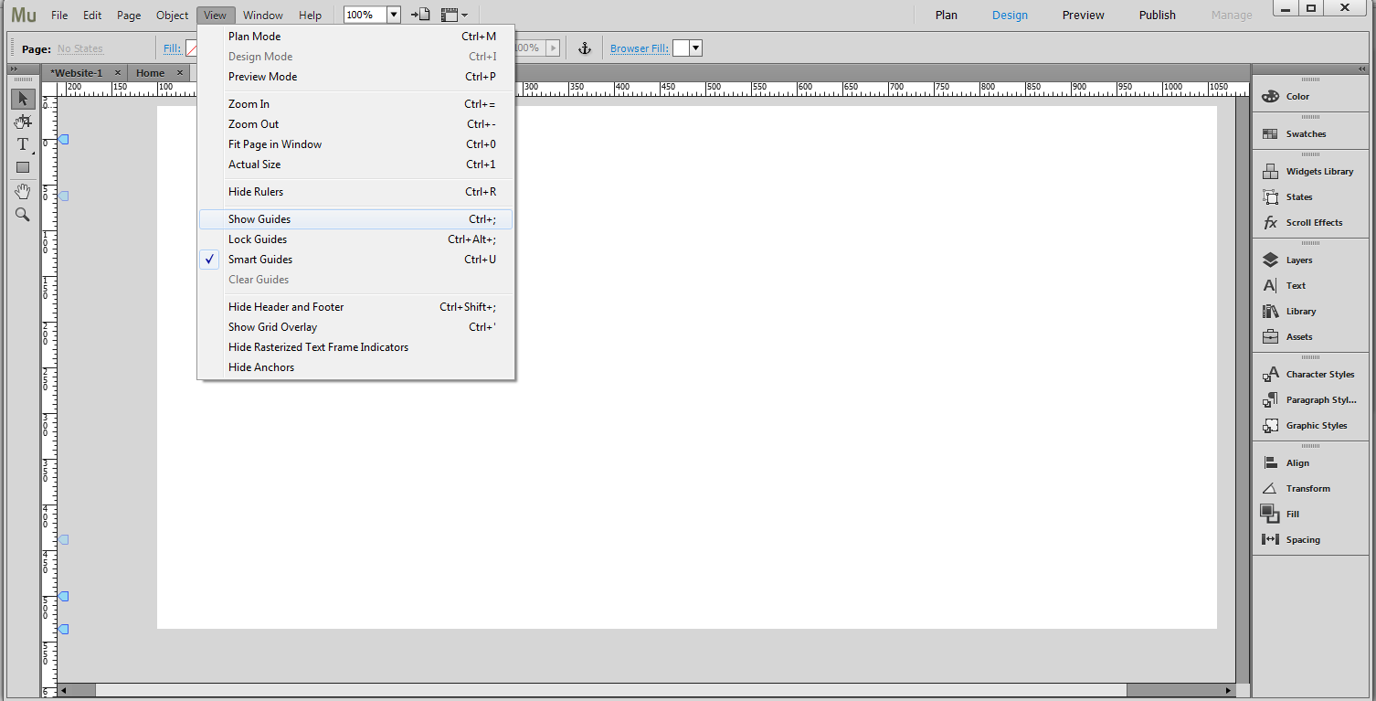 Use guides and rulers to set page dimensions in Muse