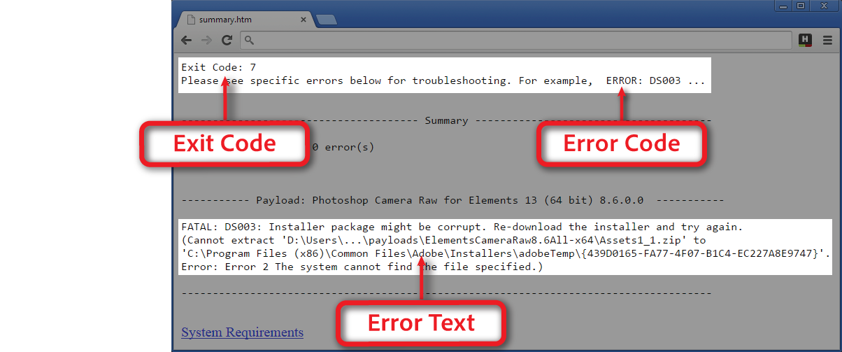 Error summary in a browser Photoshop Elements 13 Error Summary in the Browser