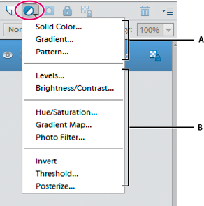 Create Adjustment Layer menu Create Adjustment Layer menu