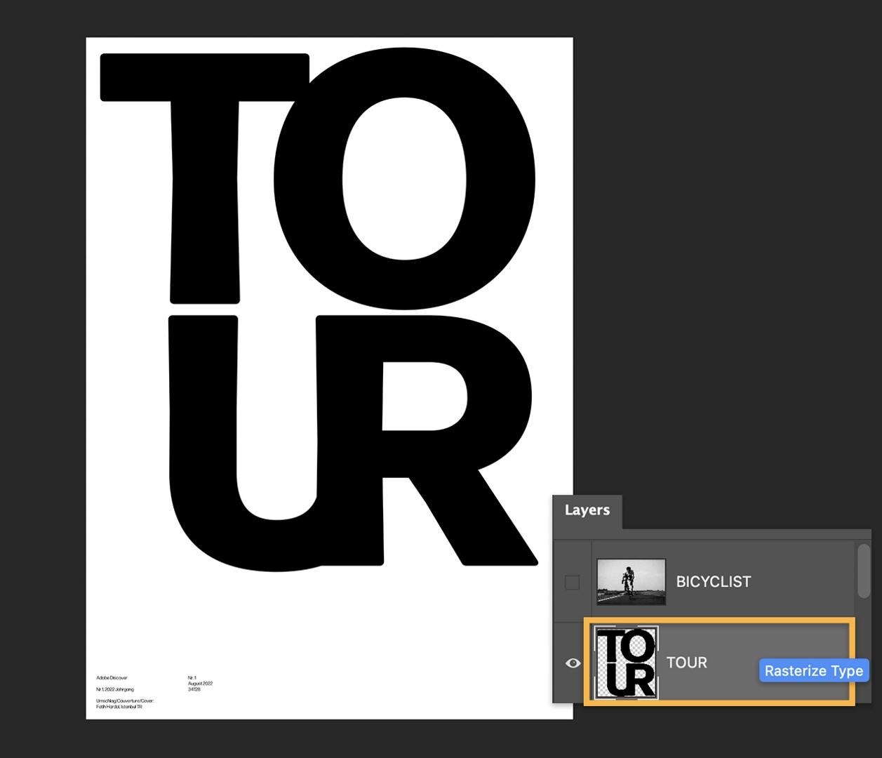 Instructional step art, showing how to Rasterize Type by right-clicking on a text layer in Photoshop.