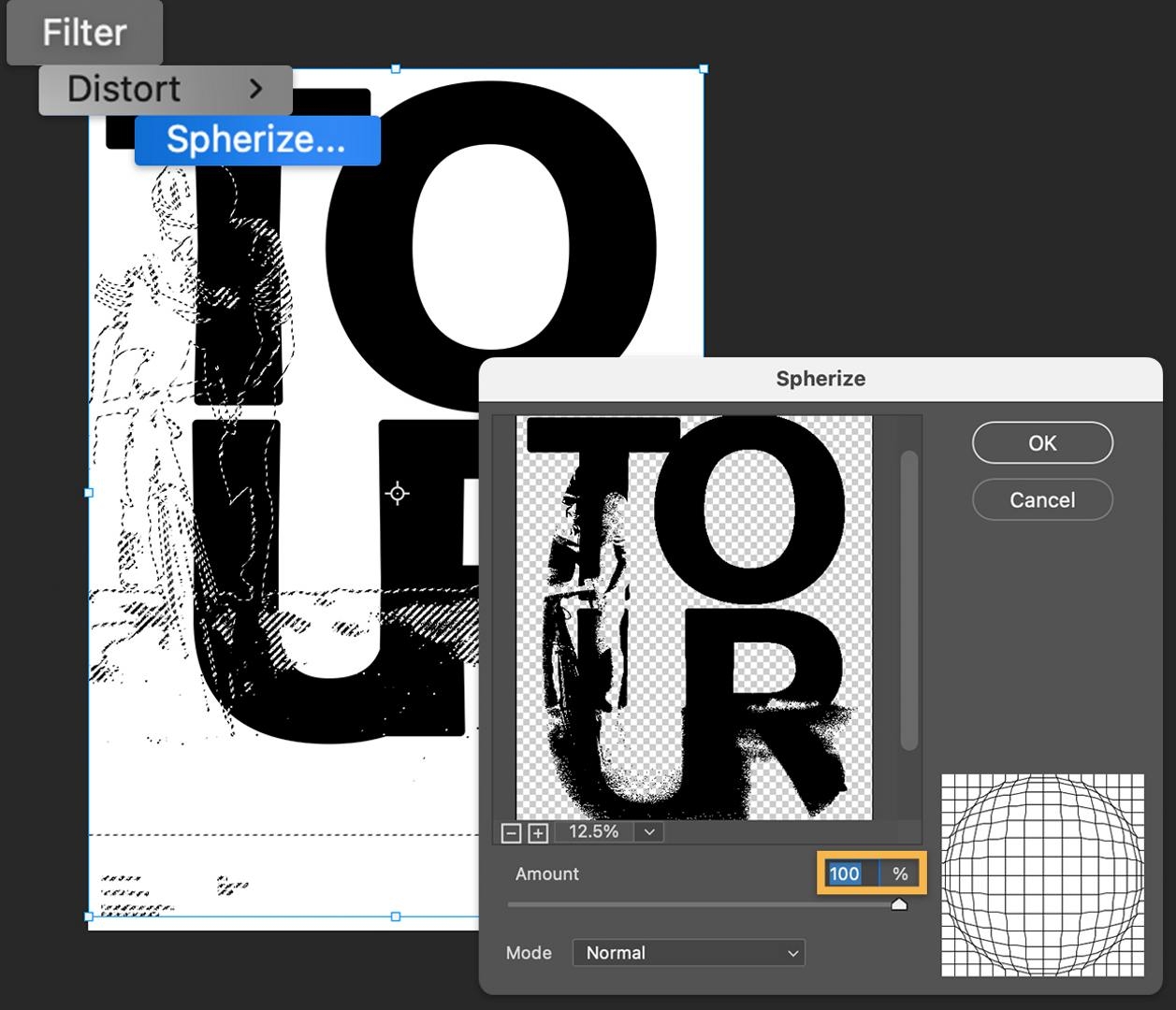 Instructional step art, showing how to apply the Color Range selection from the photograph to the rasterized type, then use the Spherize setting to further distort the result.