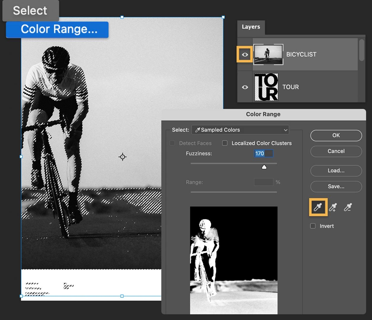 Instructional step art, showing how to use the Color Range feature on a Photoshop layer featuring an image or photograph to access additional Fuzziness and eyedropper settings.
