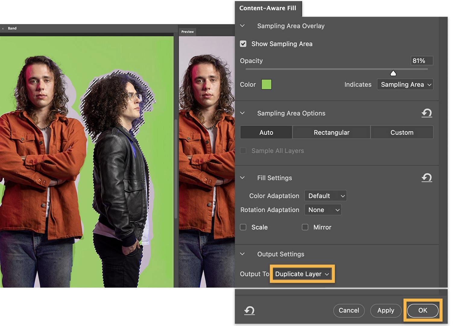 The Content-Aware Fill panel shows “Duplicate Layer” as the Output To setting.