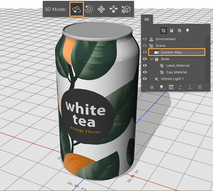 Can is angled, 3D mode options menu at the top with Orbit the 3D Camera tool selected, 3D panel shows current view selected Can is angled, 3D mode options menu at the top with Orbit the 3D Camera tool selected, 3D panel shows current view selected