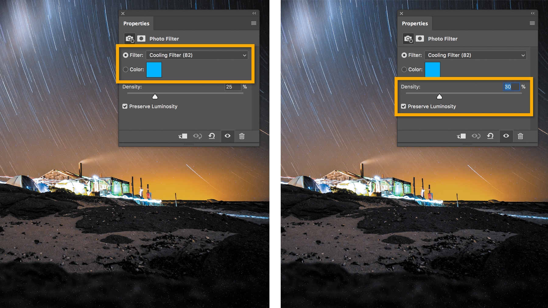 Cooling Filter is added to tone down orange hues in the sky, Density is set to 25%, and Preserve Luminosity box is checked Cooling Filter is added to tone down orange hues in the sky, Density is set to 25%, and Preserve Luminosity box is checked