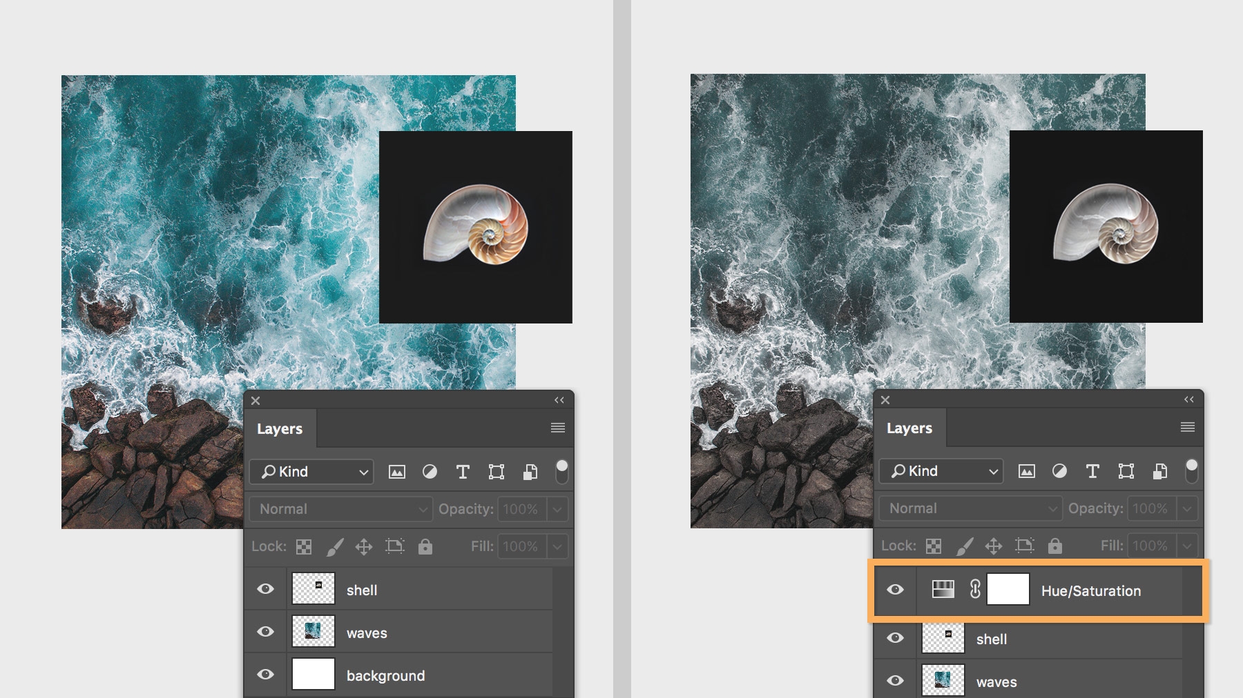 Hue/Saturation layer affects all layers below it. It is added above the shell and wave layers to desaturate both layers. Hue/Saturation layer affects all layers below it. It is added above the shell and wave layers to desaturate both layers.