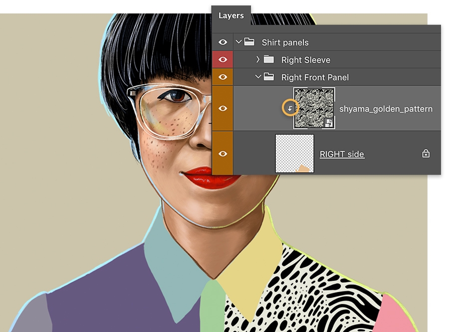 Adobe Photoshop Layers panel sits over headshot, shows the pattern layer is indented slightly, down arrow shows clipping mask Adobe Photoshop Layers panel sits over headshot, shows the pattern layer is indented slightly, down arrow shows clipping mask
