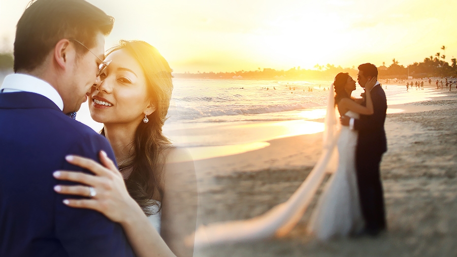 Two images of a wedding couple collaged on a beach background Two images of a wedding couple collaged on a beach background