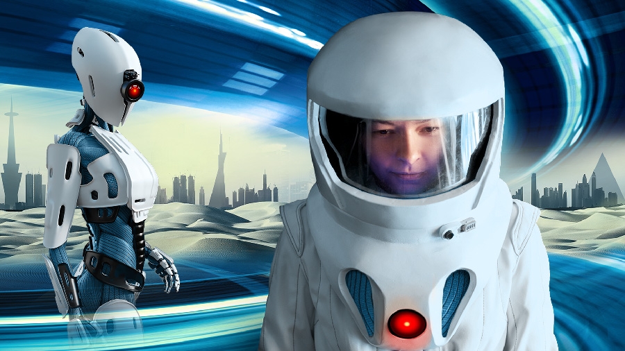 Futuristic depiction of a robot and astronaut in front of a cityscape Futuristic depiction of a robot and astronaut in front of a cityscape
