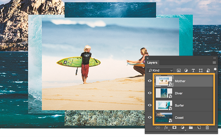 Drag more images into document. Each image appears on its own layer. Drag more images into document. Each image appears on its own layer.