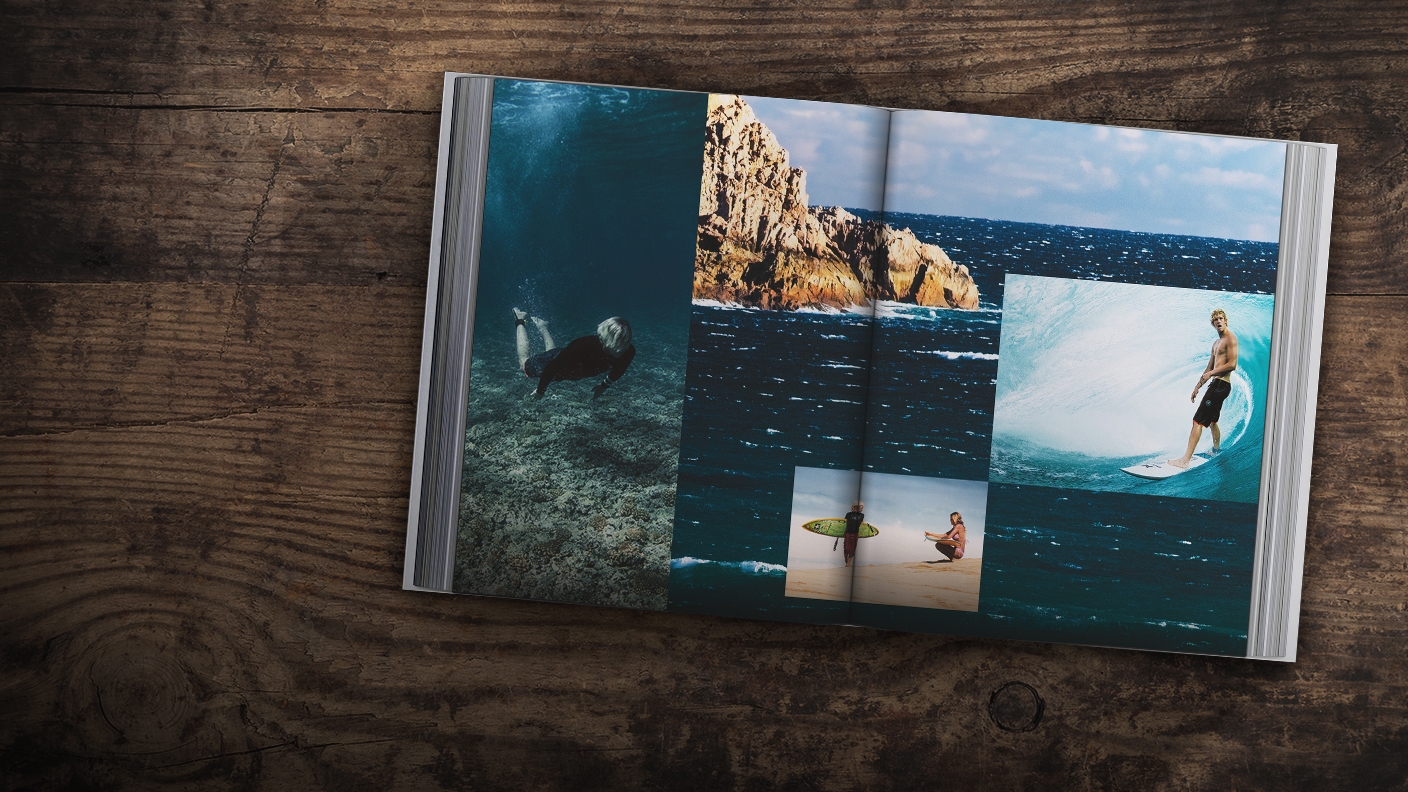 Two-page layout in a book features man swimming underwater, ocean with cliff, surfer on a wave, and surfer on a beach. Two-page layout in a book features man swimming underwater, ocean with cliff, surfer on a wave, and surfer on a beach.