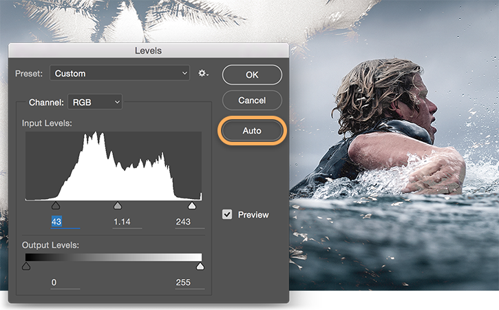 Bottom of both layers is selected. Image > Adjustments > Levels window is open, Auto is selected, waves now appear. Bottom of both layers is selected. Image > Adjustments > Levels window is open, Auto is selected, waves now appear.
