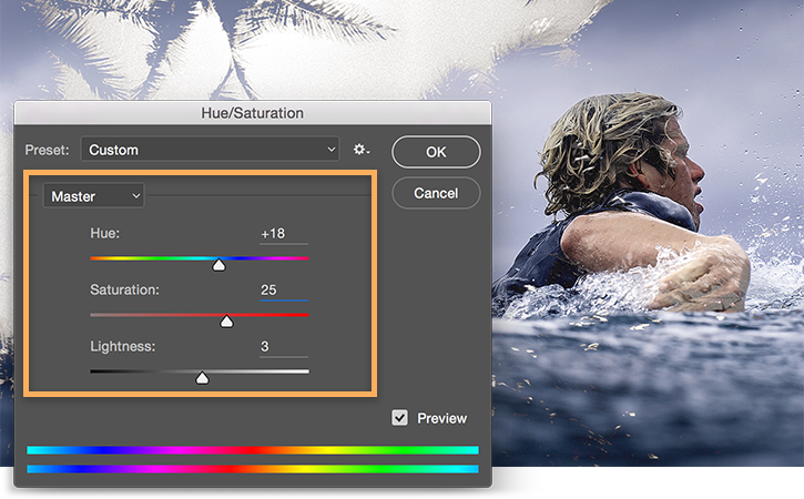Image > Adjustments > Hue/Saturation window is open, sliders are adjusted to edit vibrancy of composition. Image > Adjustments > Hue/Saturation window is open, sliders are adjusted to edit vibrancy of composition.