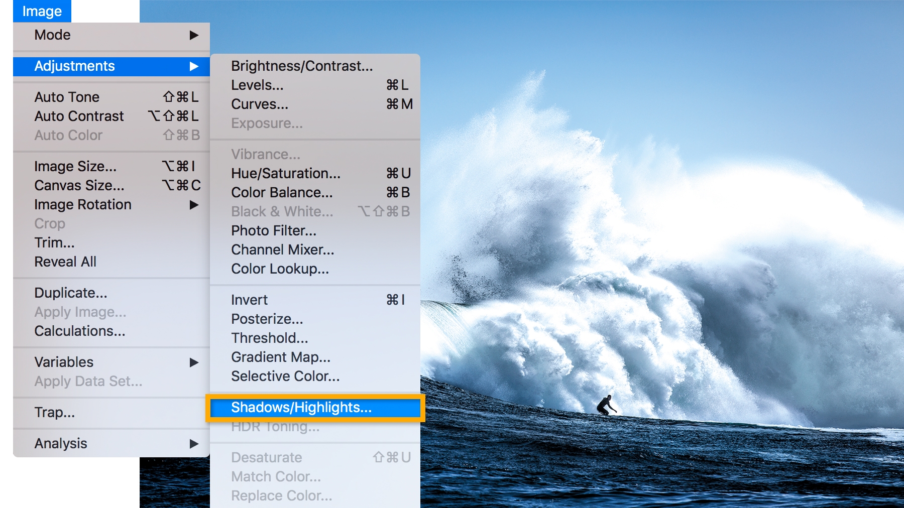 Shadows/Highlights adjustment layer is added to adjust over-or underexposed areas of the surfer and wave image Shadows/Highlights adjustment layer is added to adjust over-or underexposed areas of the surfer and wave image