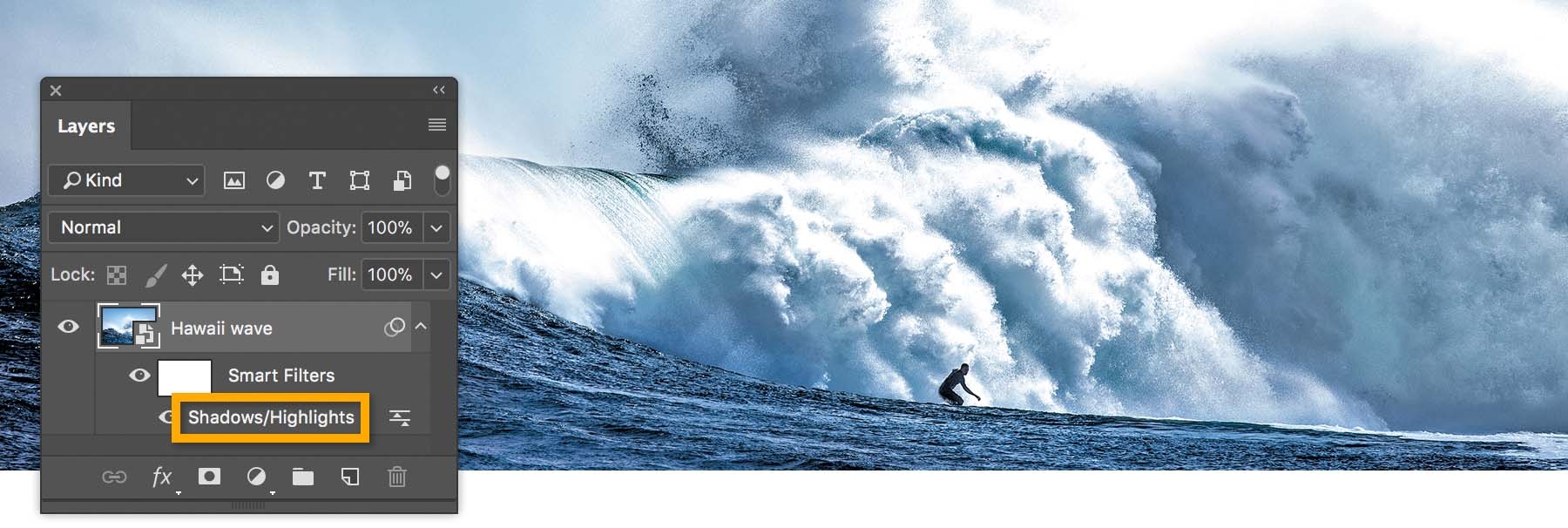 The final image is saved as a PSD or TIFF file. Shadows/Highlights may be adjusted through the Smart Filters in Layers panel