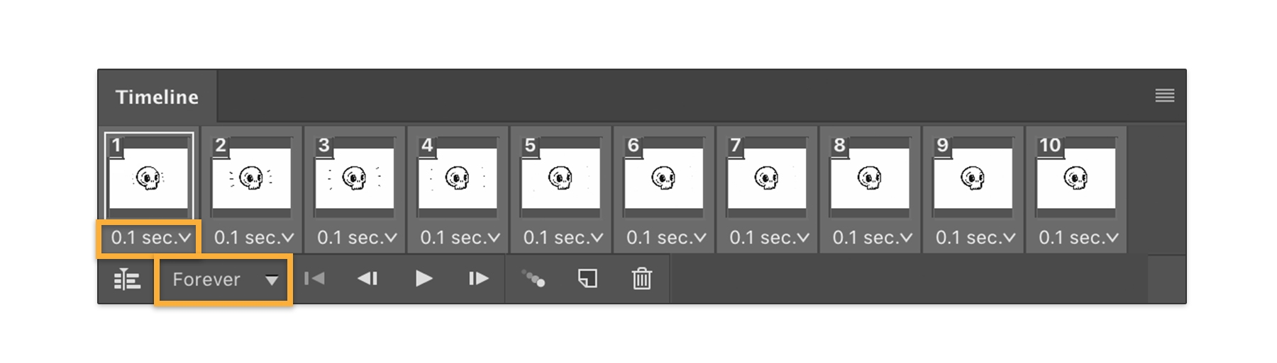 Interval is set to 0.1 seconds between frames and Forever looping. Interval is set to 0.1 seconds between frames and Forever looping.