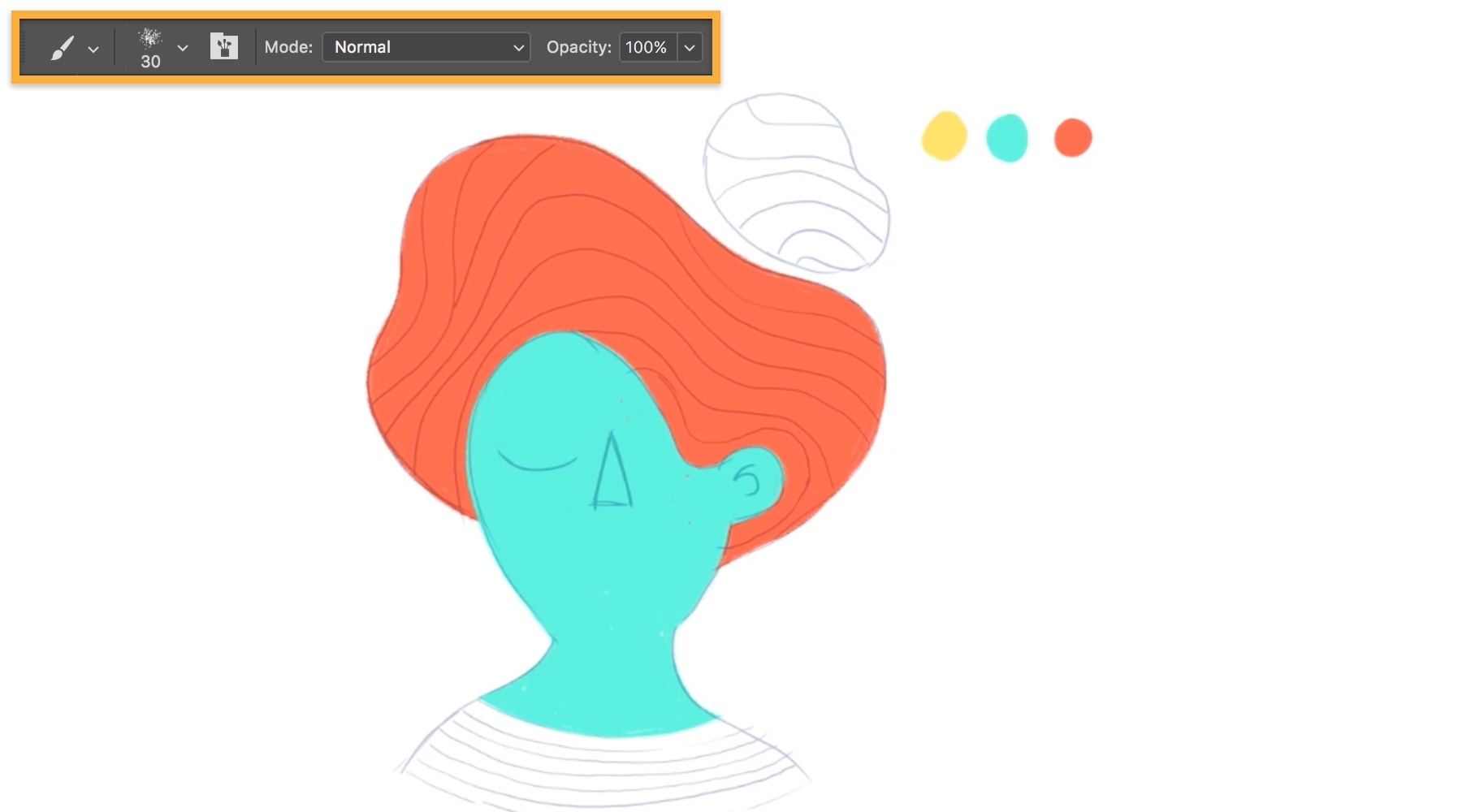 Cartoon outline of woman's head is imported. Hair is colored orange, face is blue. Orange, yellow, and blue dots above head