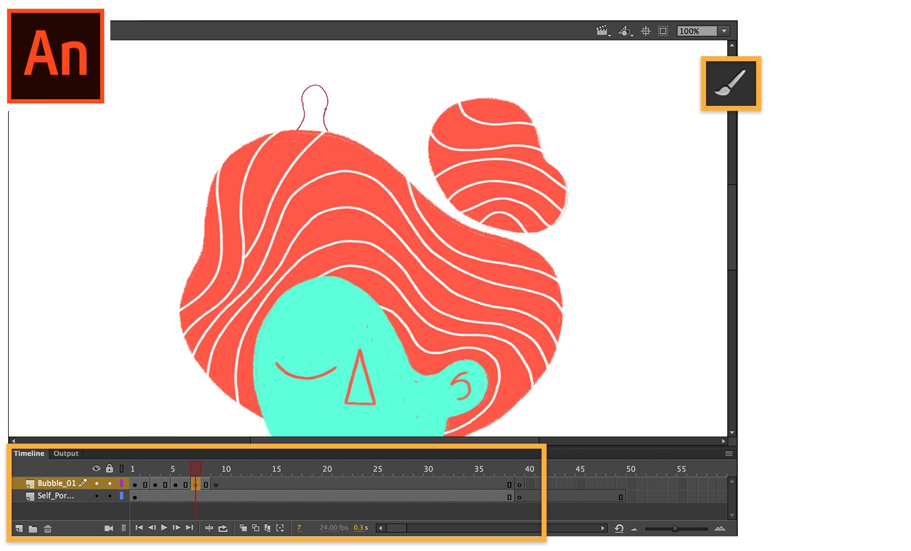 Adobe Animate is opened. Keyframes inserted, bubble sequences drawn, and animated bubbles float from the head